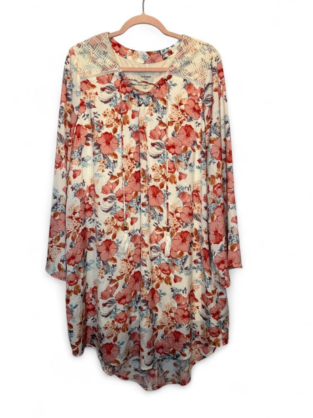 Haute Hippie Tribe Antique Floral Lace Up Boho Dress Large Fairy Whimsy Wide